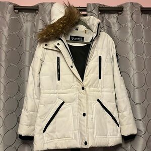 GUESS white fur hood parka winter jacket
